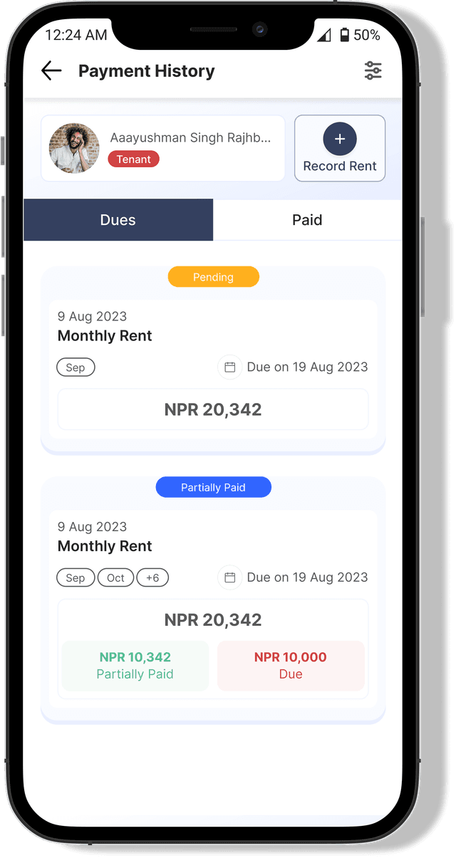 View Dues and Paid Rent